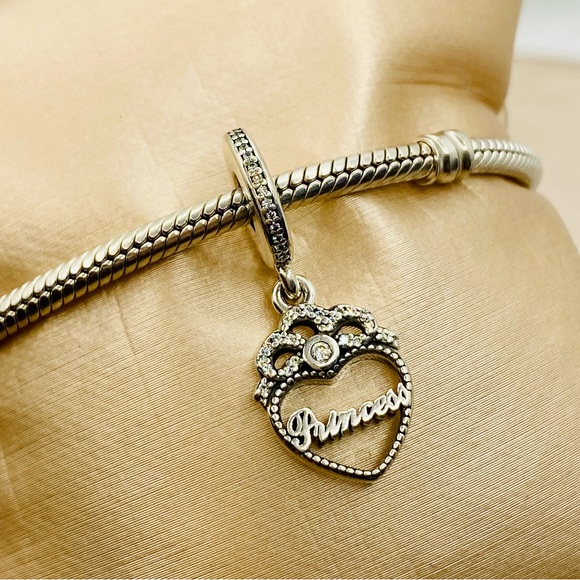 EUC Pandora 791962CZ Sterling Silver Princess Crown Heart Dangle Charm w/ CZ’s - Picture 3 of 9